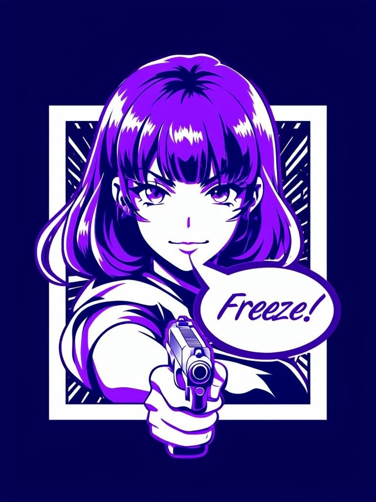 Bold 90s Anime Inspired Female Character with Gun T-Shirt