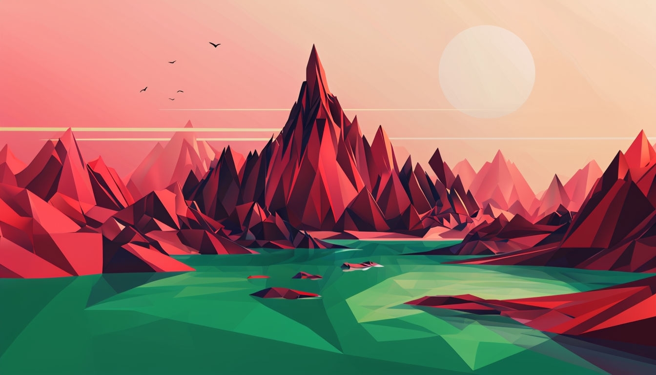 Serene Geometric Low-Poly Landscape at Sunset Virtual Background