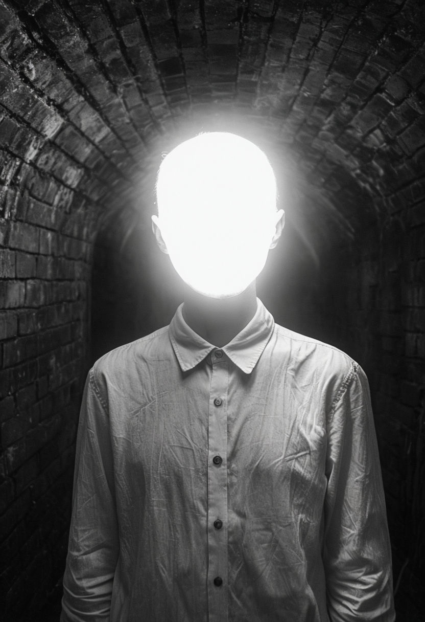 Eerie Black and White Tunnel Photograph with Brightly Lit Figure Art