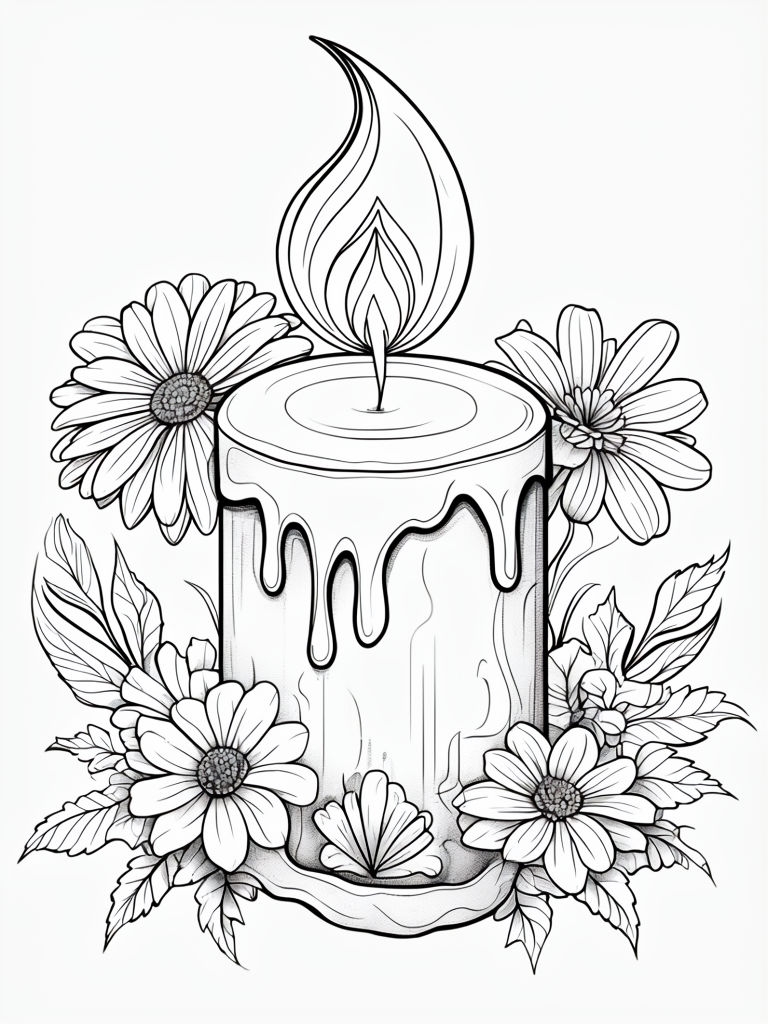 Intricate Candle and Floral Line Art for Coloring Book Pages