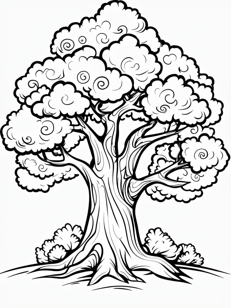 Whimsical Black and White Tree Line Drawing Coloring Page