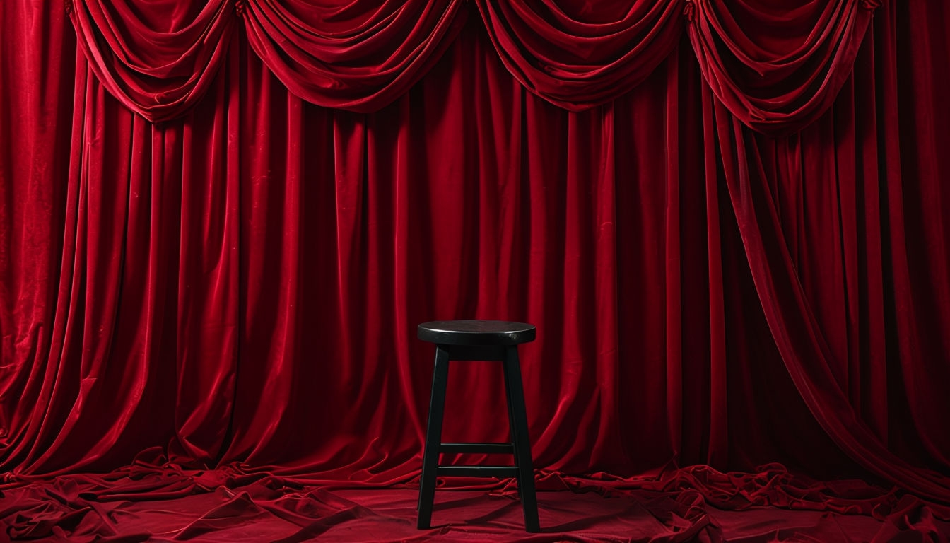 Elegant Black Stool Against Luxurious Crimson Velvet Curtains Virtual Background