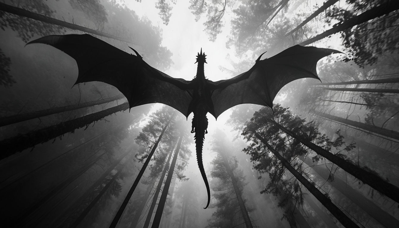 Majestic Black and White Dragon in Flight Forest Background Virtual Backgrounds