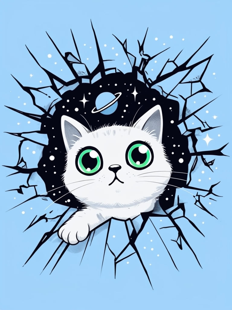 Whimsical Cartoon Cat in Cosmic Space Illustration T-Shirt