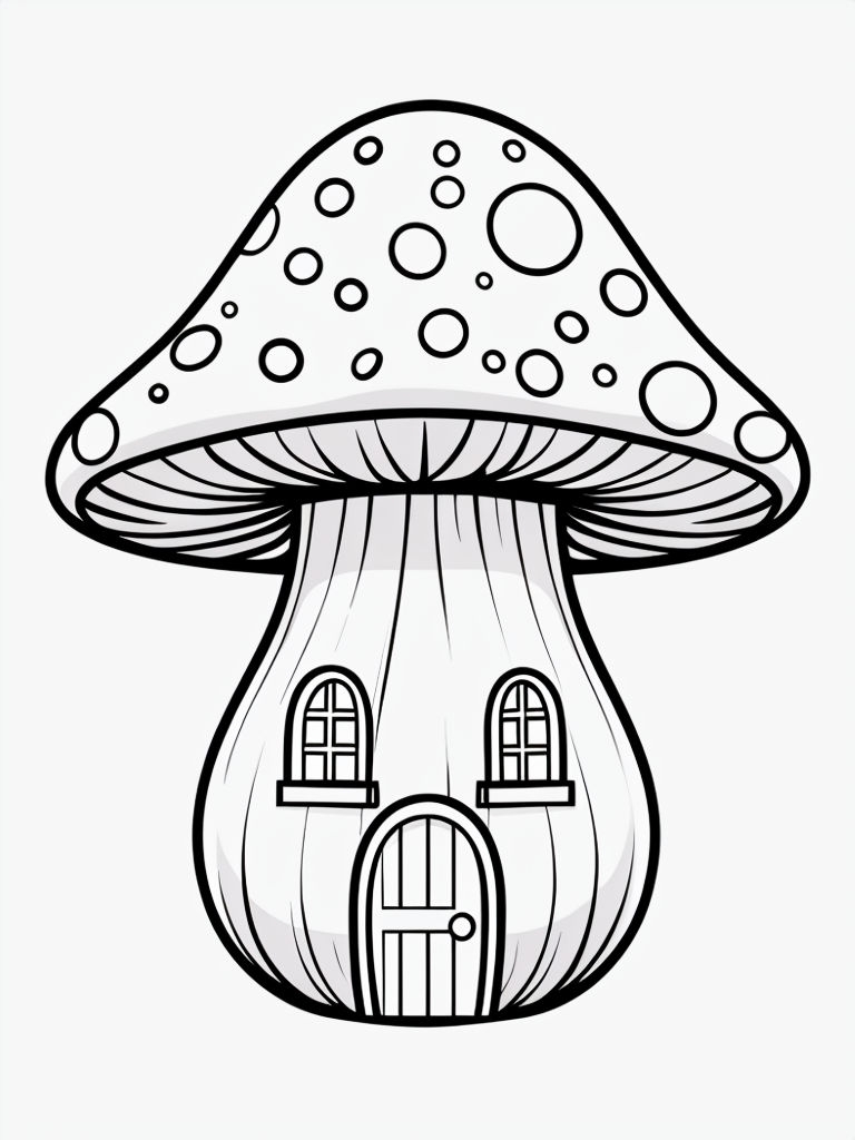 Whimsical Mushroom House Outline Drawing for Coloring Book Pages