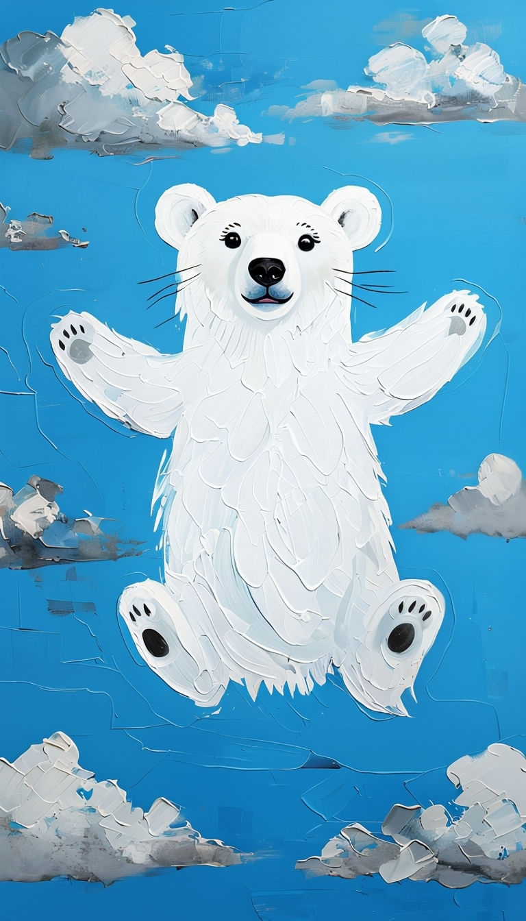 Joyful White Polar Bear Mid-Air Against Sky Blue Clouds Mobile Wallpaper