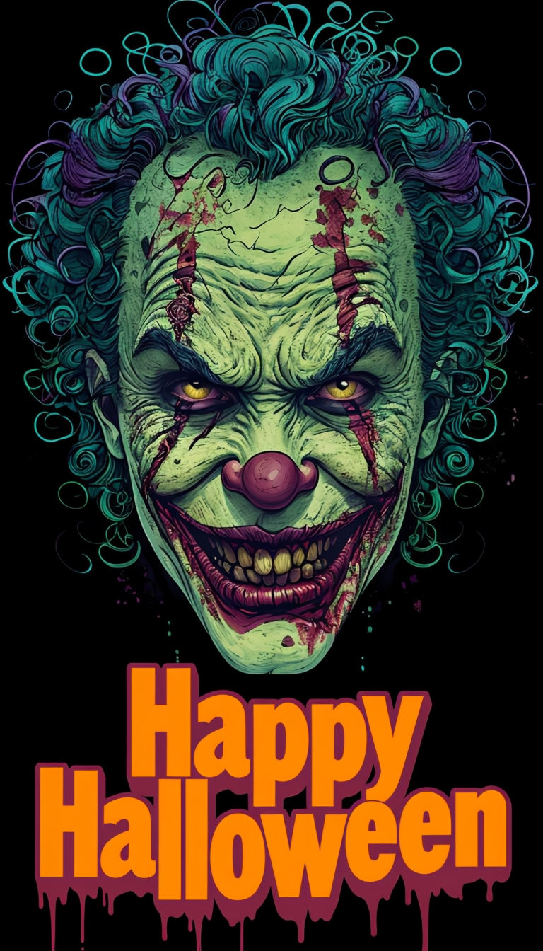 Sinister Monster Clown Face with Happy Halloween Text Art Poster