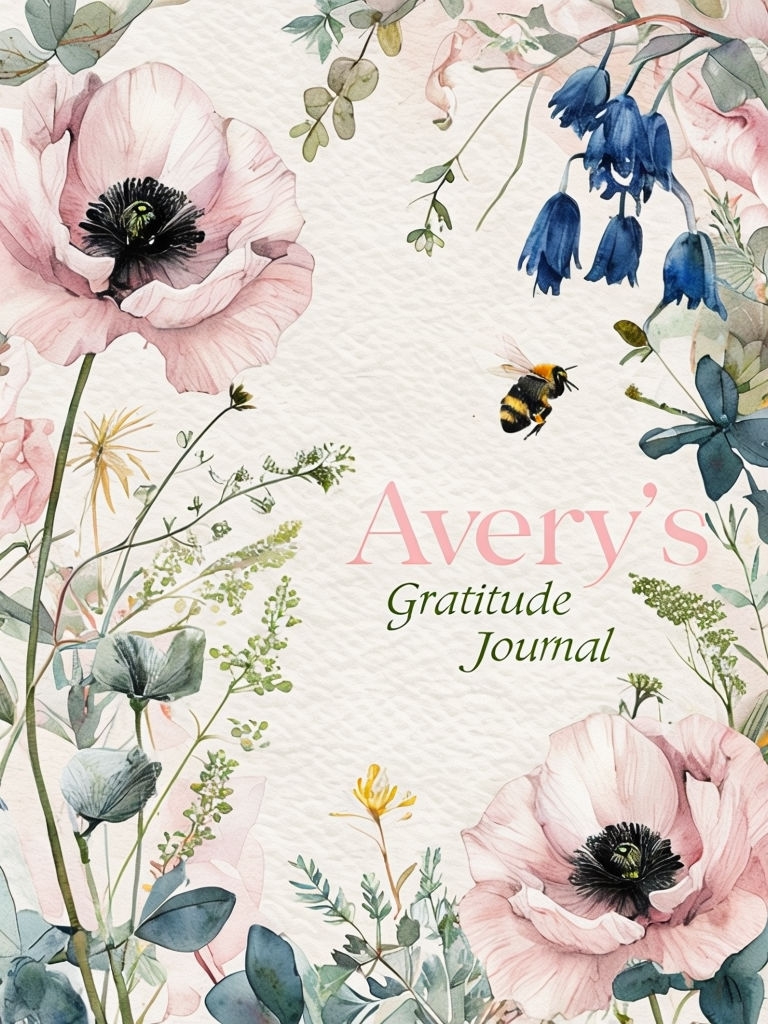 Delicate Watercolor Flowers with Bee for Avery's Gratitude Journal EBook Cover
