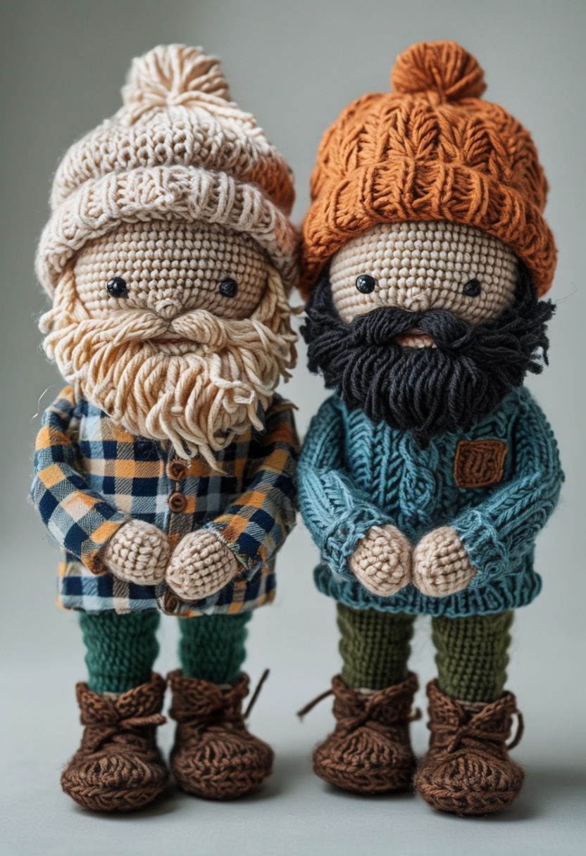 Cozy Handcrafted Knitted Dolls with Rustic Outfits Art