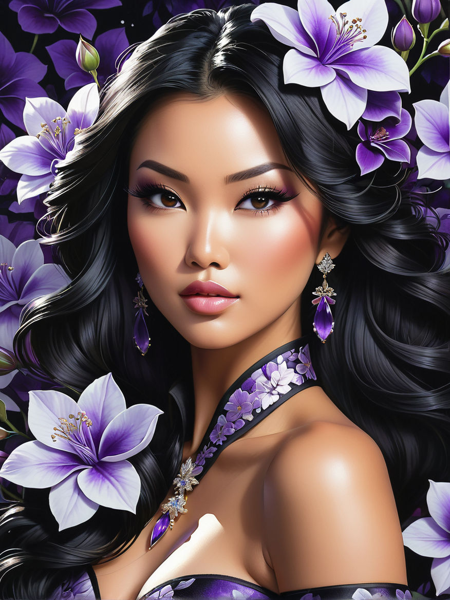 Draw a Woman with oriental face in purple modern fashion dress.