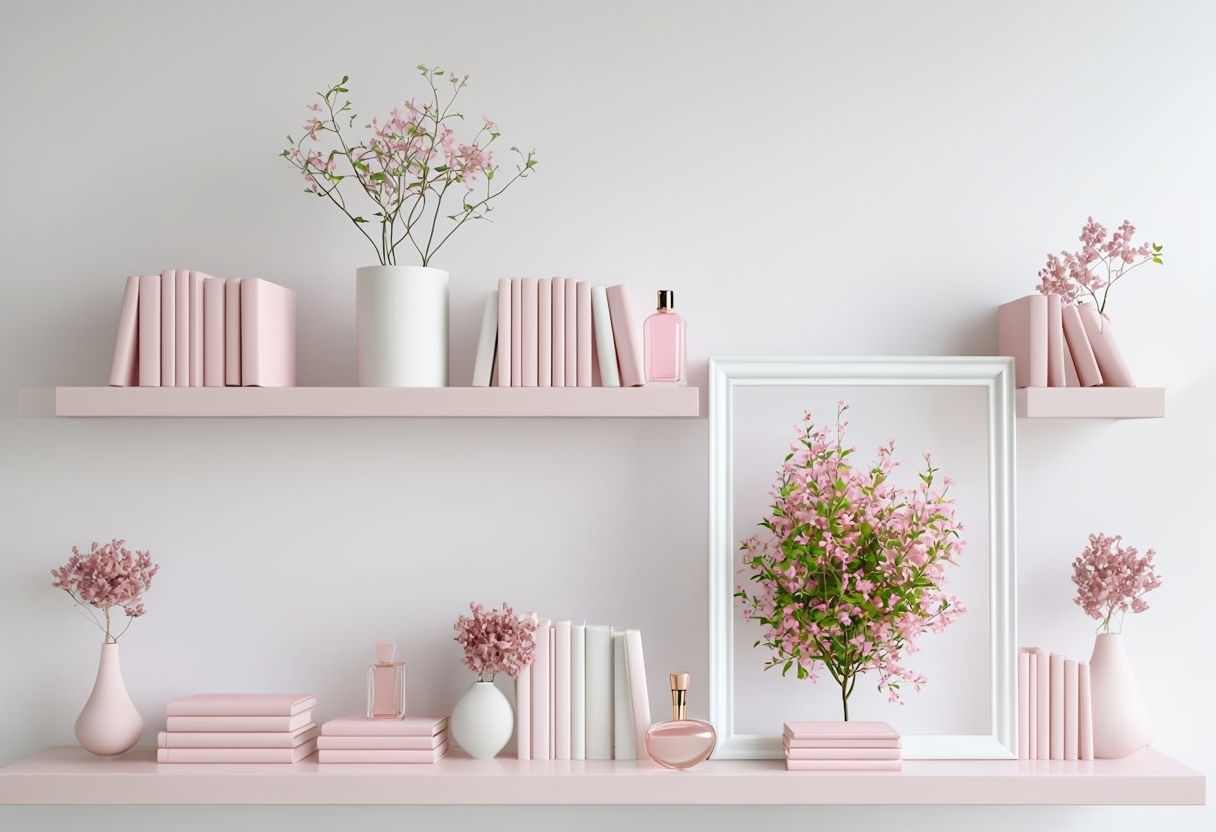 Elegant Minimalist Pink Shelf Display with Floral Accents Background