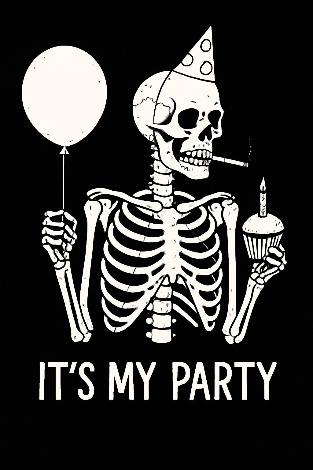 Whimsical Skeleton Party Illustration with Cupcake and Balloon Poster