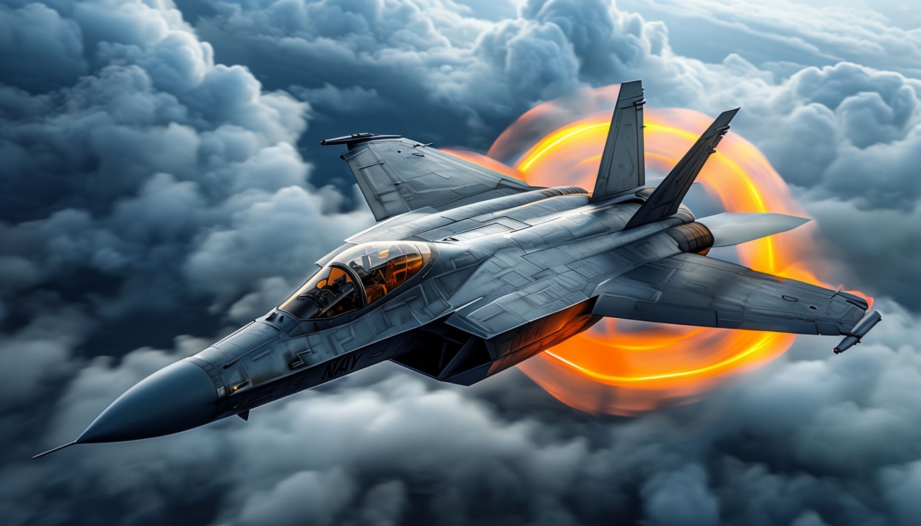 Dramatic Fighter Jet Soaring Through Sky Digital Artwork Background