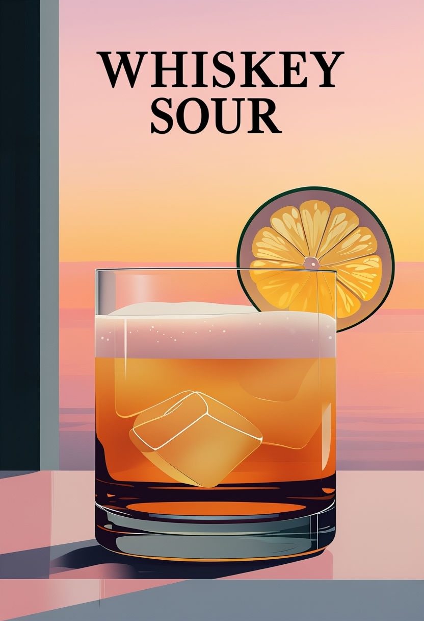 Modern Minimalist Whiskey Sour Cocktail Illustration Poster