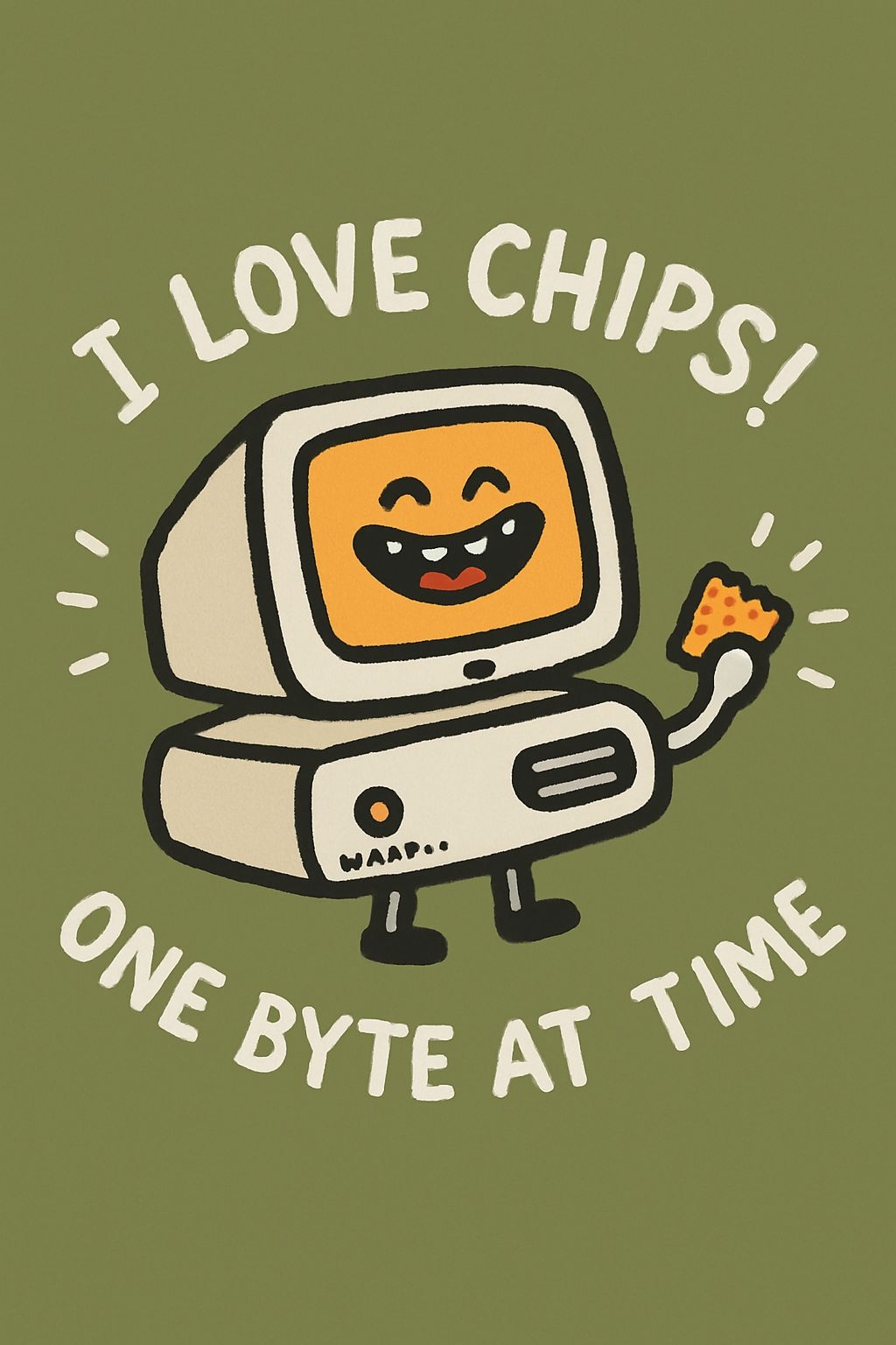 Whimsical Computer Character with I Love Chips Text Poster