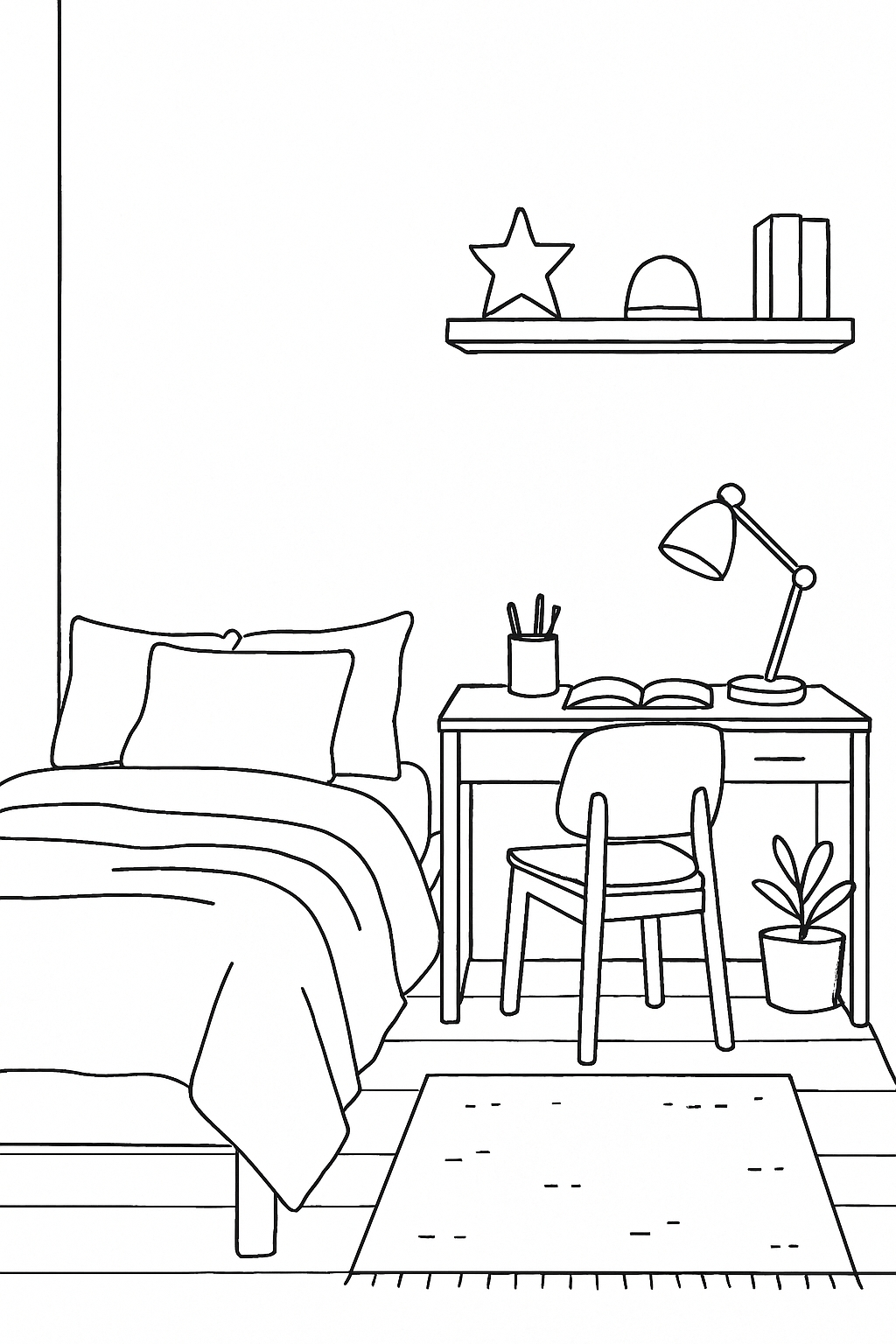 Minimalist Line Drawing of a Calm Bedroom Scene Coloring Book Pages