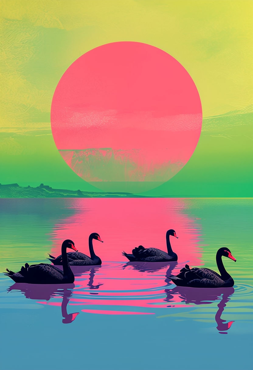 Elegant Black Swans Floating on Tranquil Blue Water Art