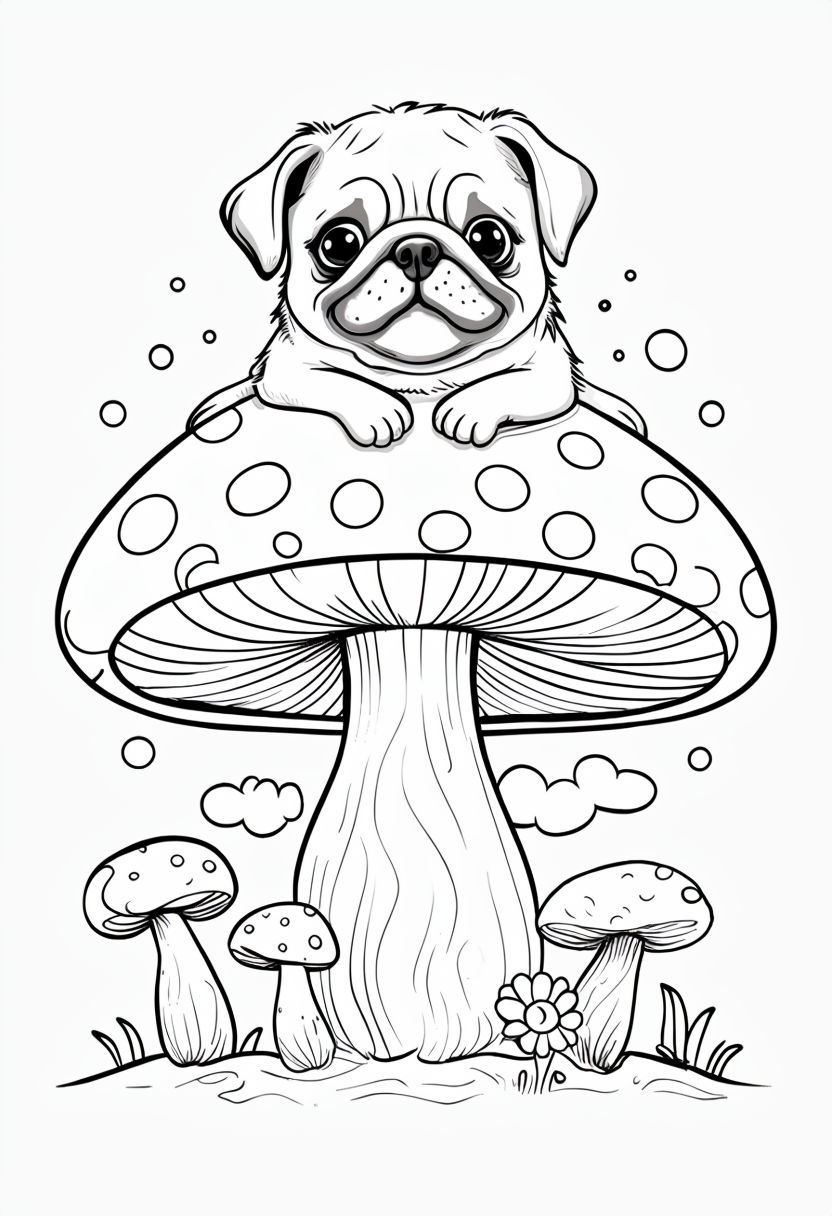 Cheerful Pug on Polka Dot Mushroom Cartoon Illustration Sticker