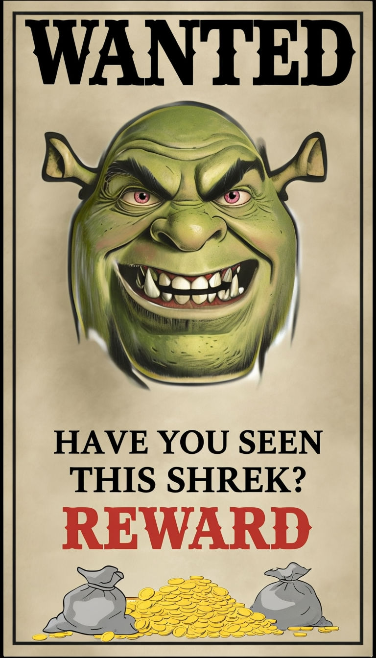 Humorous Vintage 'WANTED' Ogre Poster with Reward and Gold Coins Art