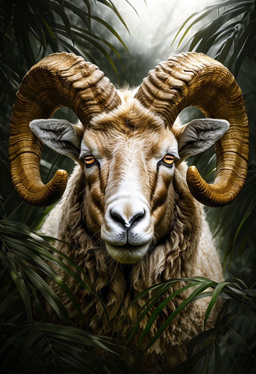 Majestic Ram Portrait Surrounded by Lush Green Foliage Art