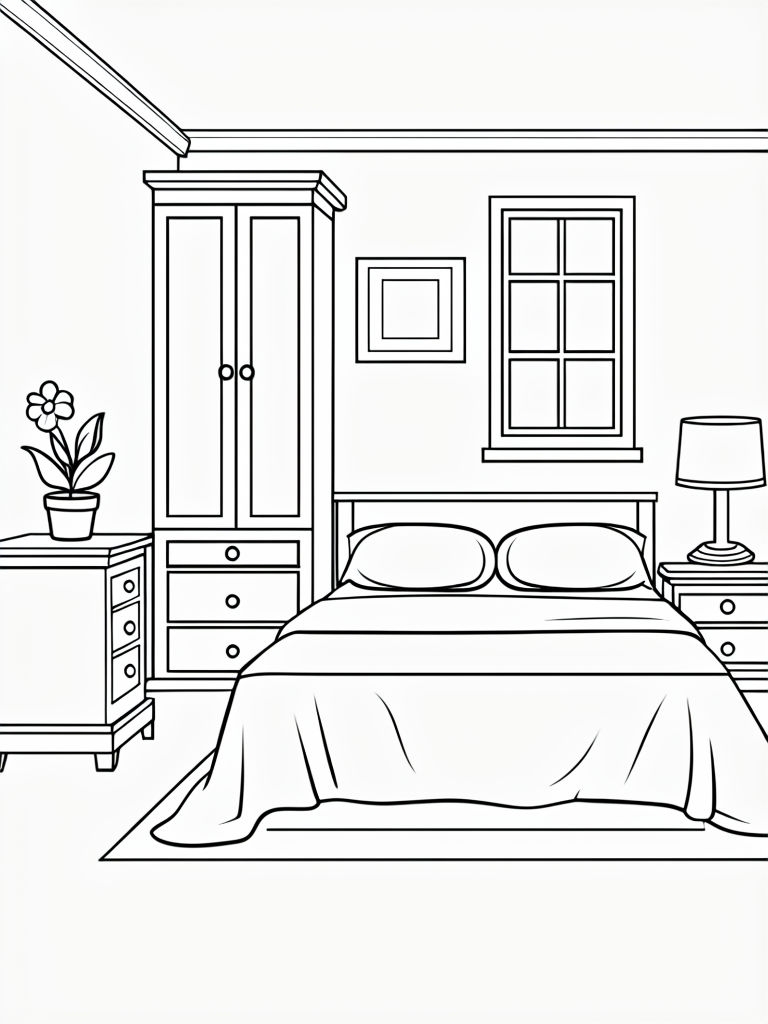 Modern Minimalist Bedroom Line Drawing Coloring Book Pages