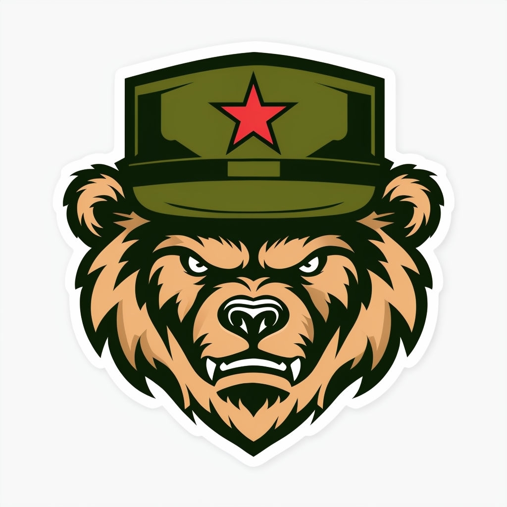 Fierce Cartoon Bear Face with Military Hat Sticker