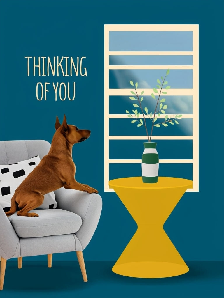 Cozy Indoor Scene with Dog and 'Thinking of You' Message Card