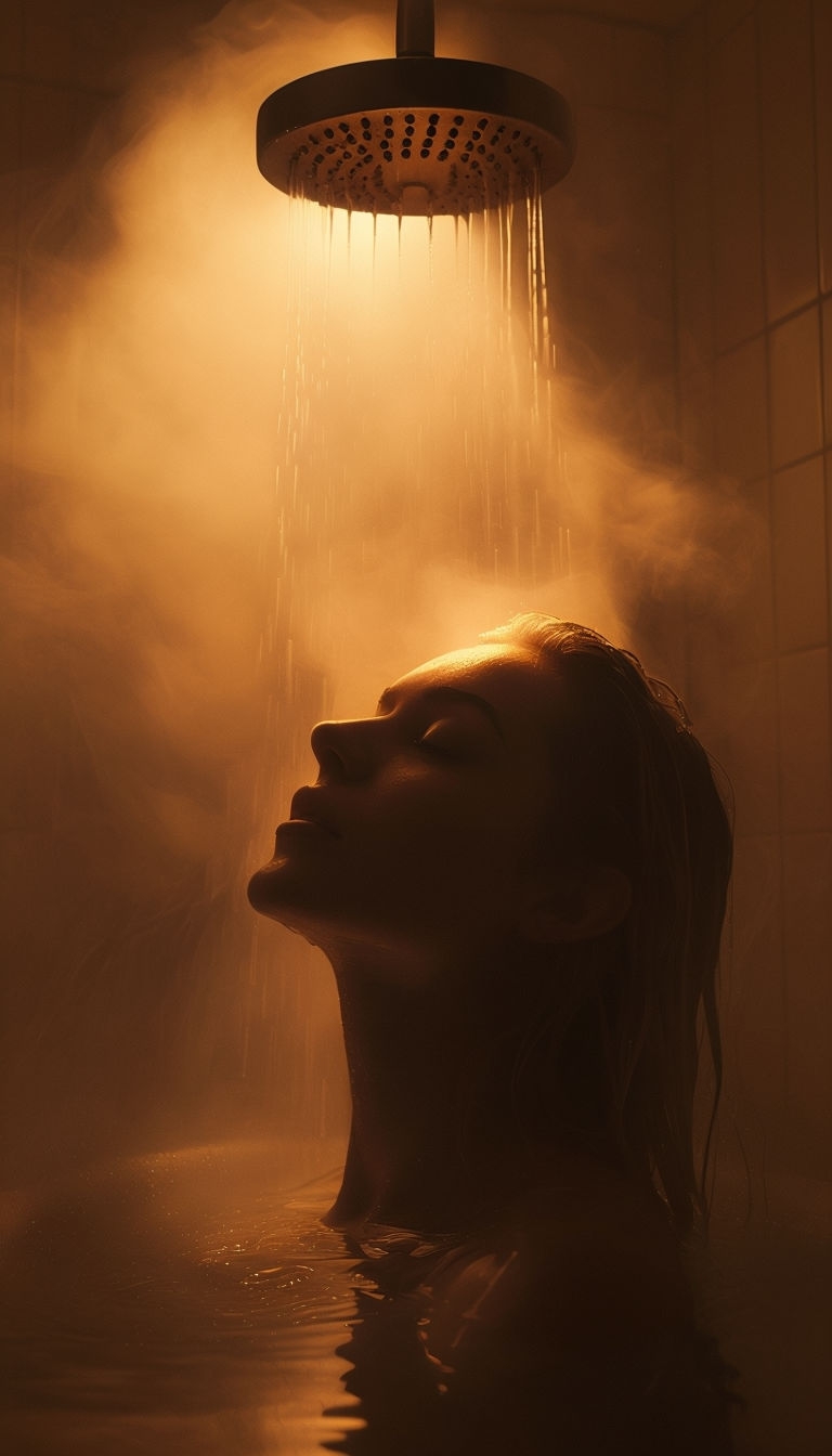 Serene Woman in Ethereal Shower Light Digital Artwork Mobile Wallpaper