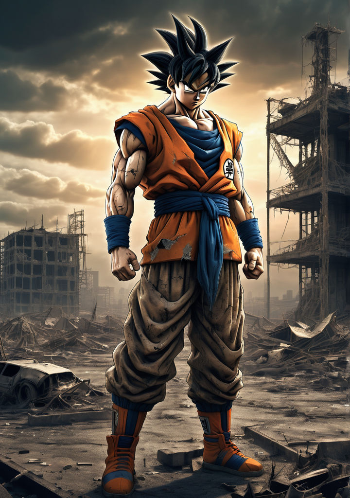 Goku clad in tattered attire reminiscent of the Fallout univ... by ...