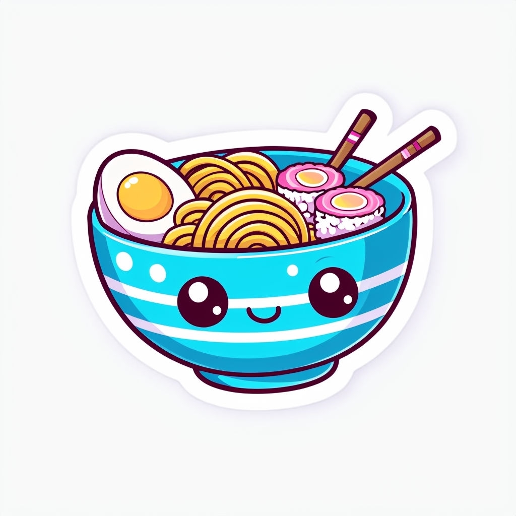 Cheerful Kawaii Bowl Illustration with Food Items Sticker