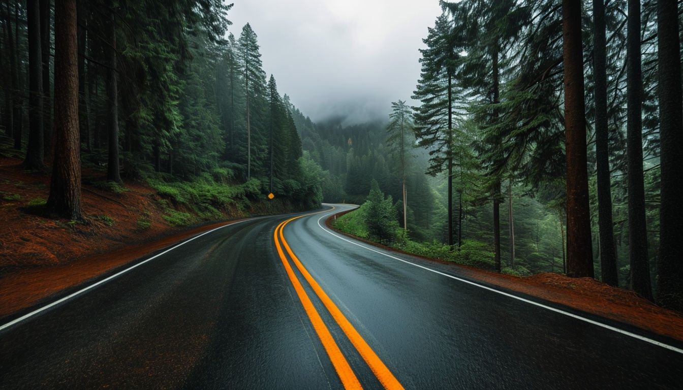 Serene Forested Road Landscape with Misty Atmosphere Background