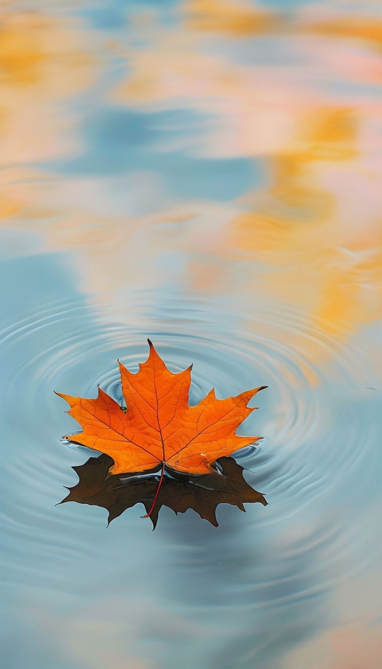 Serene Orange Maple Leaf Reflection on Calm Water Mobile Wallpaper