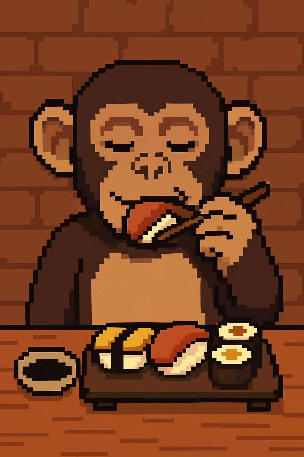 Playful Pixel Art Chimpanzee Enjoying Sushi Illustration Art