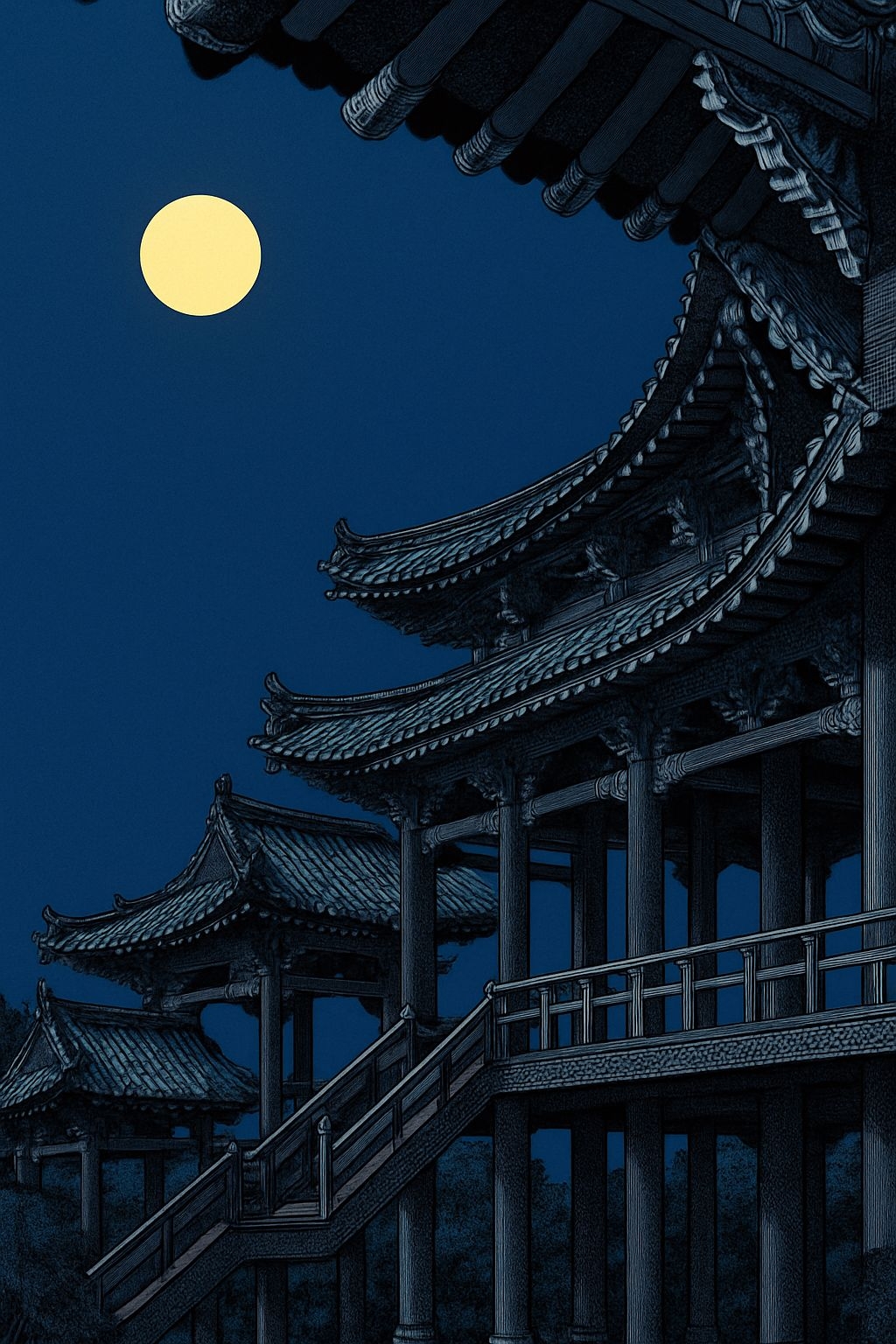 Serene East Asian Architecture Under Moonlight T-Shirt