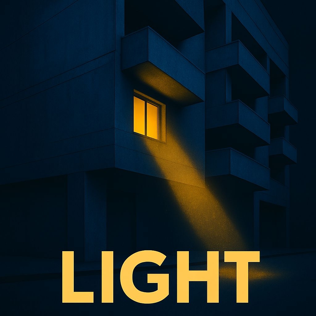 Minimalist Dark Blue Building with Amber Light Album Cover