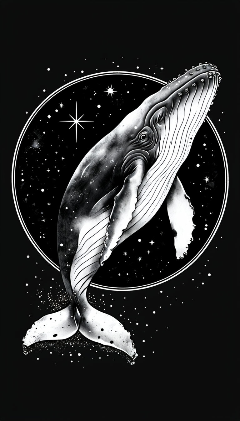 Striking Black and White Whale in Cosmic Circle Illustration T-shirt