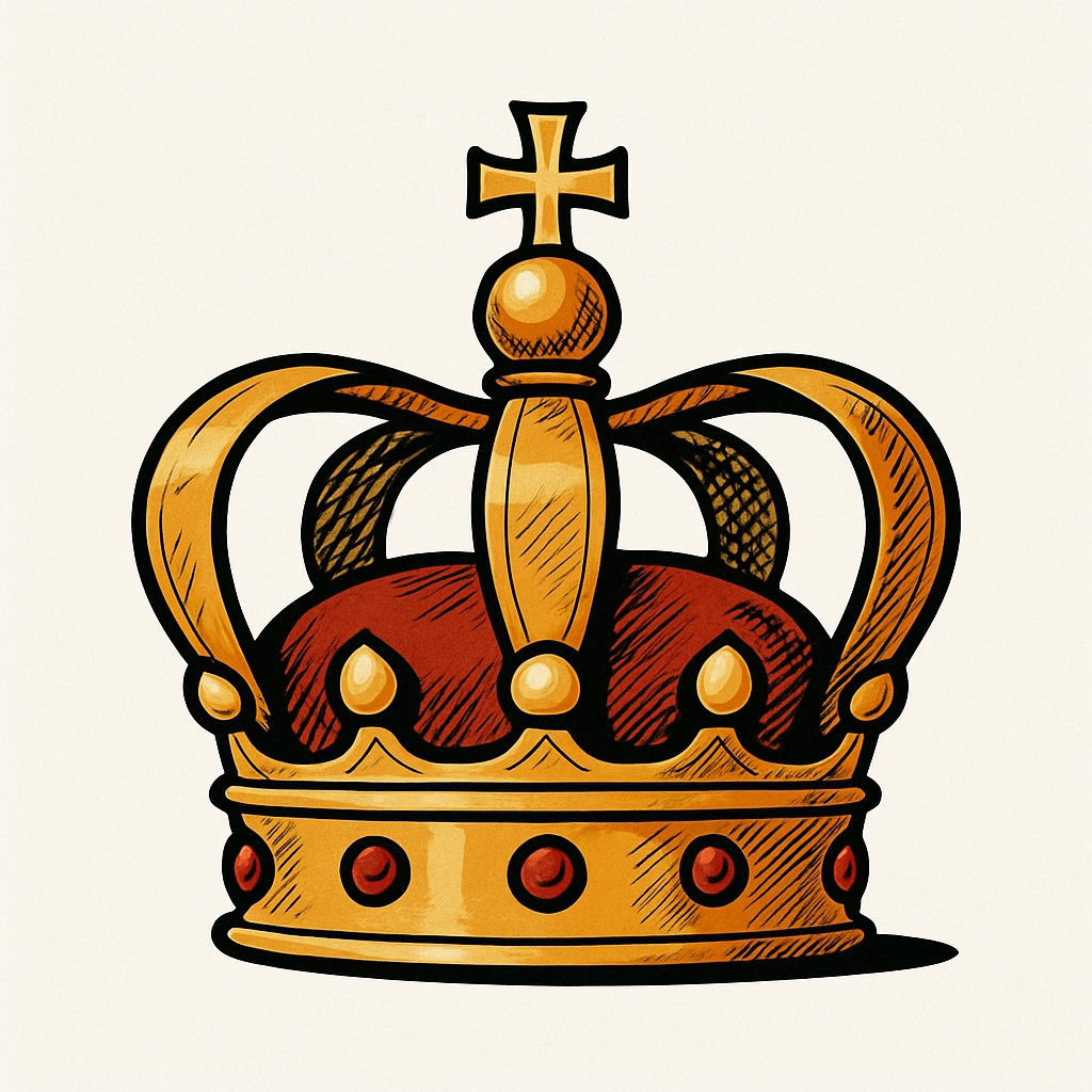 Ornate Gold Crown Cartoon Illustration with Gemstones Sticker