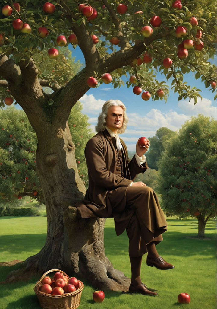 Isaac Newton contemplating under an apple tree with an apple... by ...