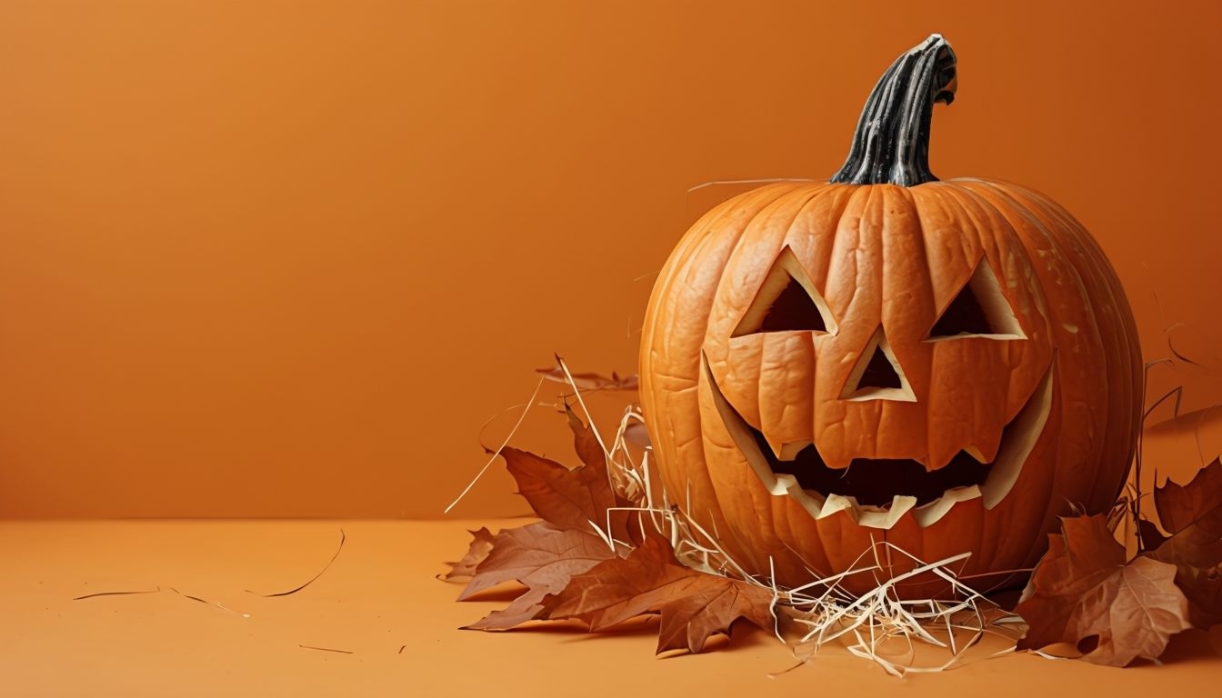 Festive Halloween Carved Pumpkin with Autumn Leaves Background