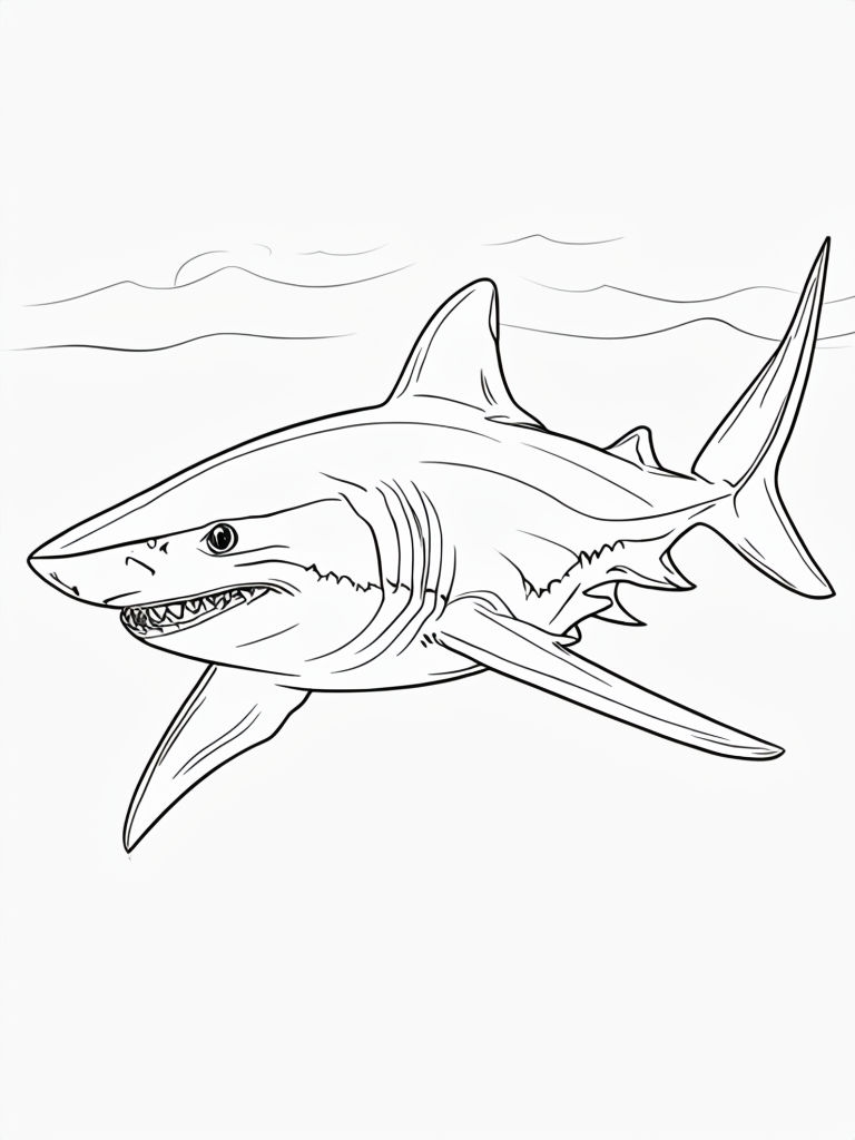 Detailed Black and White Shark Outline Drawing for Coloring Book Pages