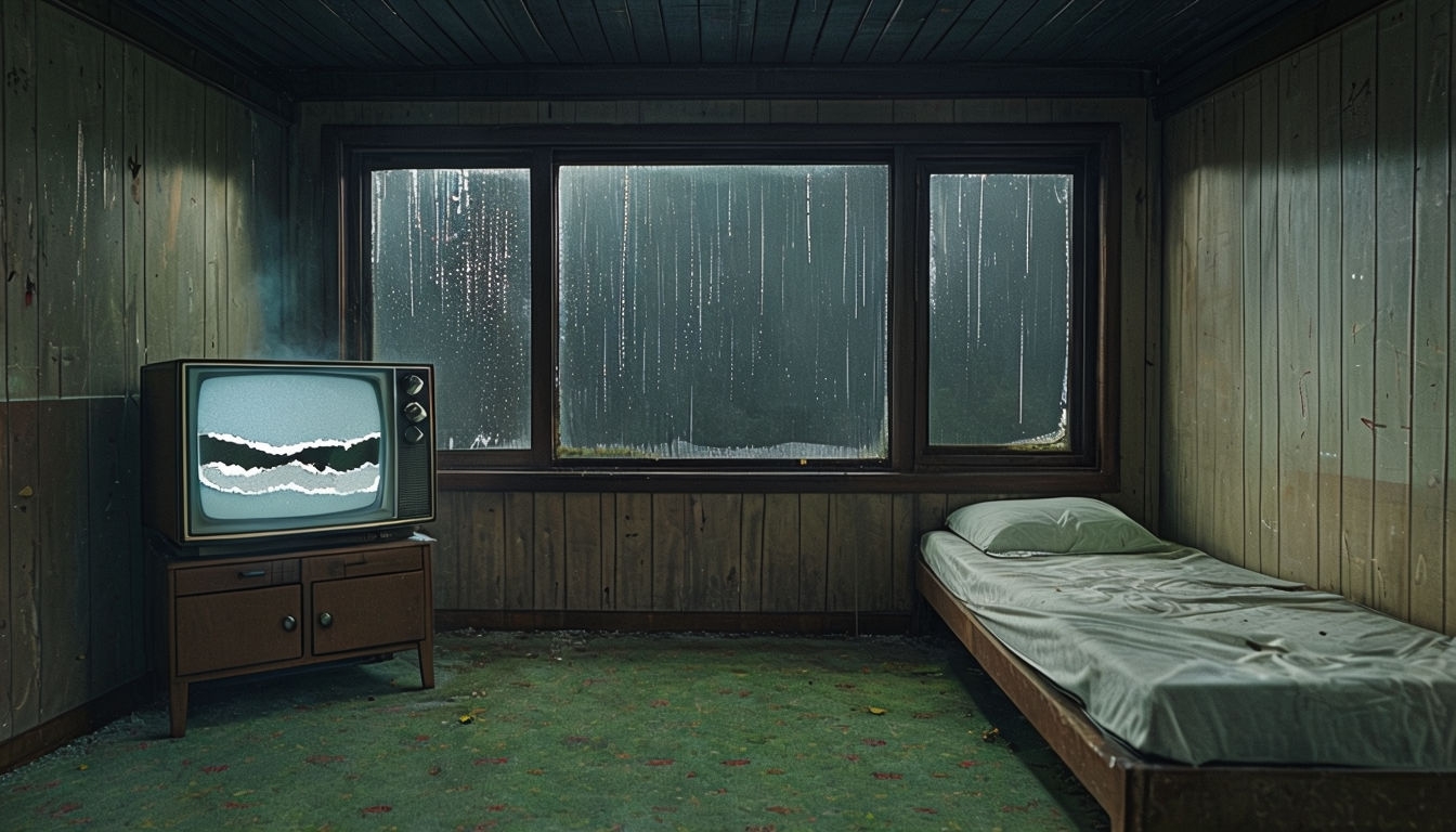 Eerie Abandoned Room with Old TV and Fogged Window Virtual Background