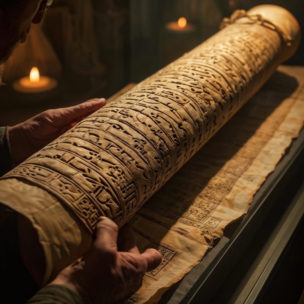 Ancient Sumerian scroll unfurled in the hands of an astonish... by ...