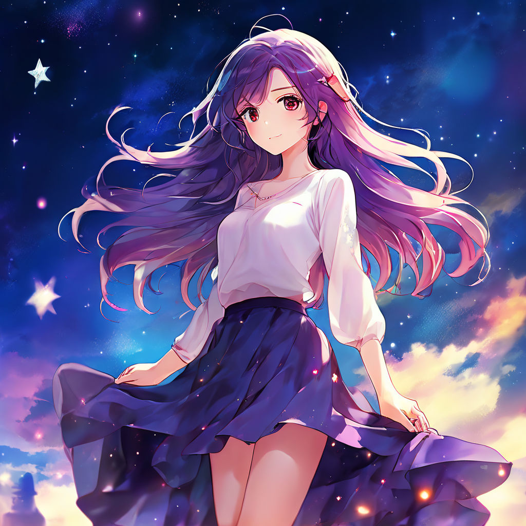 female character anime girl cute face body long hair blue eyes purple  background