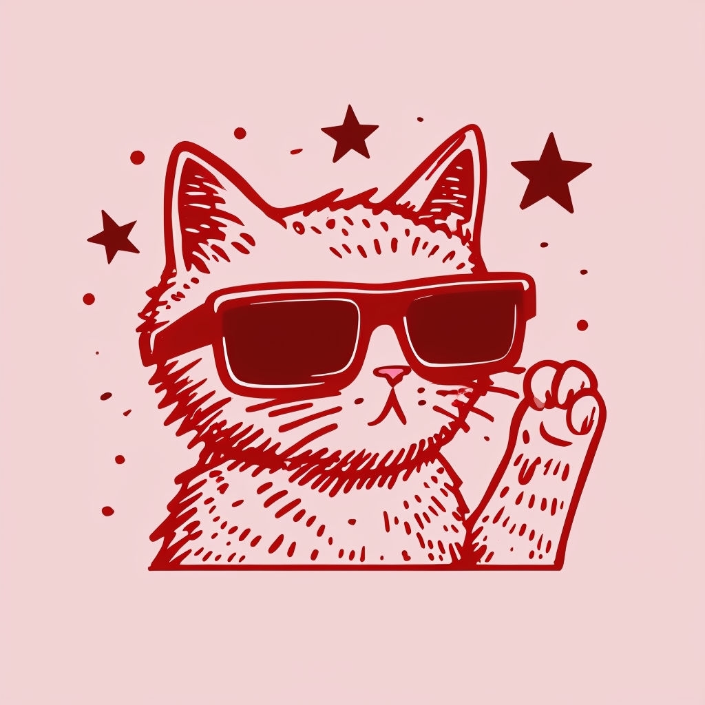 Cool Red Sunglasses Cat Illustration on Light Pink T-Shirt