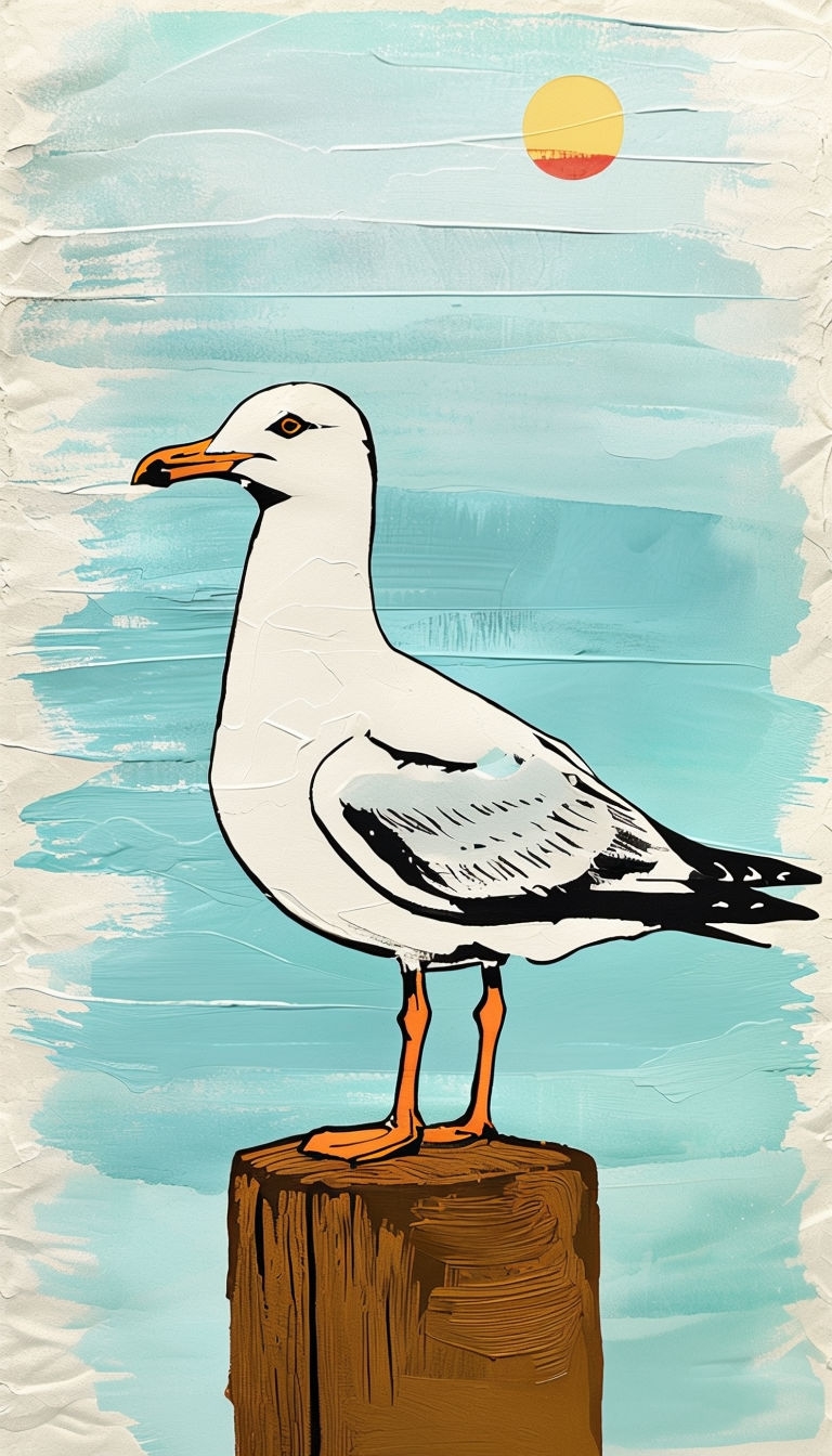Stylized Seagull Perched on Post Illustration for Mobile Wallpaper