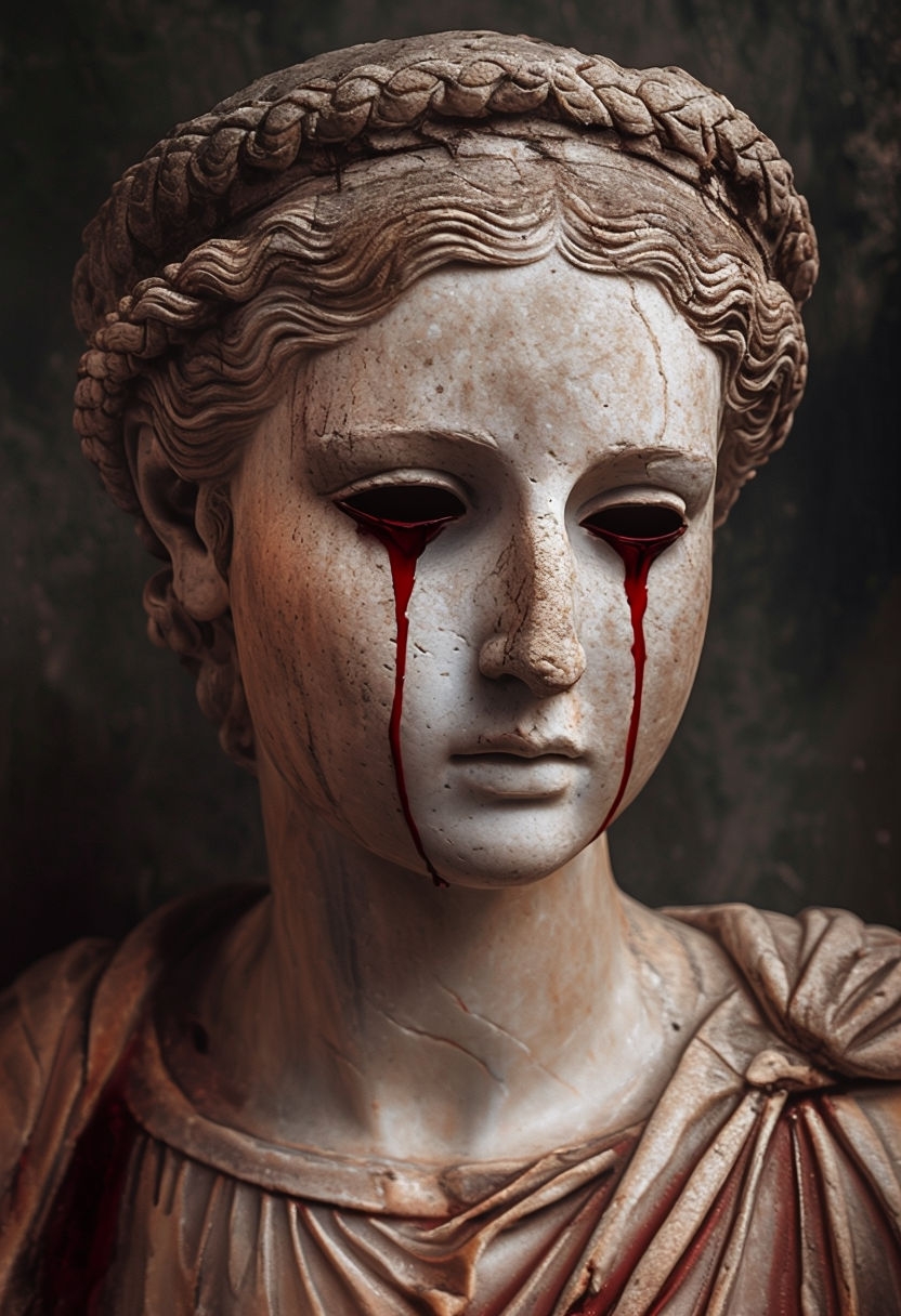 Eerie Close-Up of Classical Statue with Crimson Tears Art