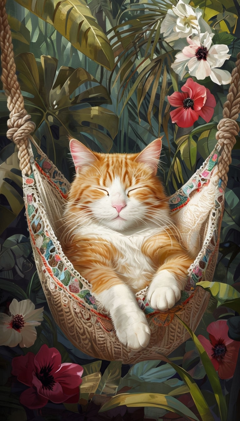 Relaxed Orange Tabby Cat in Hammock surrounded by Tropical Foliage Art