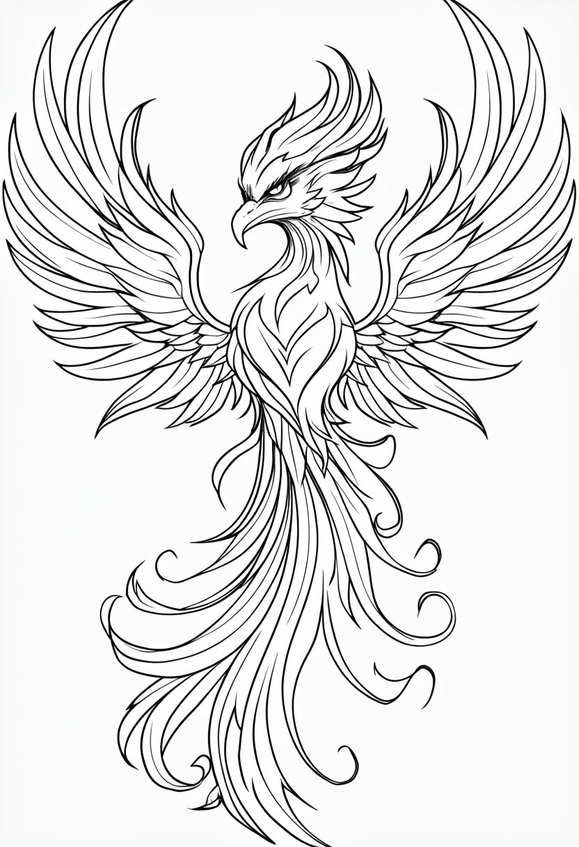 Majestic Phoenix Black and White Line Drawing for Coloring Book Pages