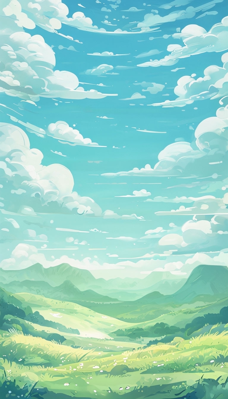 Tranquil Cartoon Landscape Illustration with Lush Meadow Social Media Post