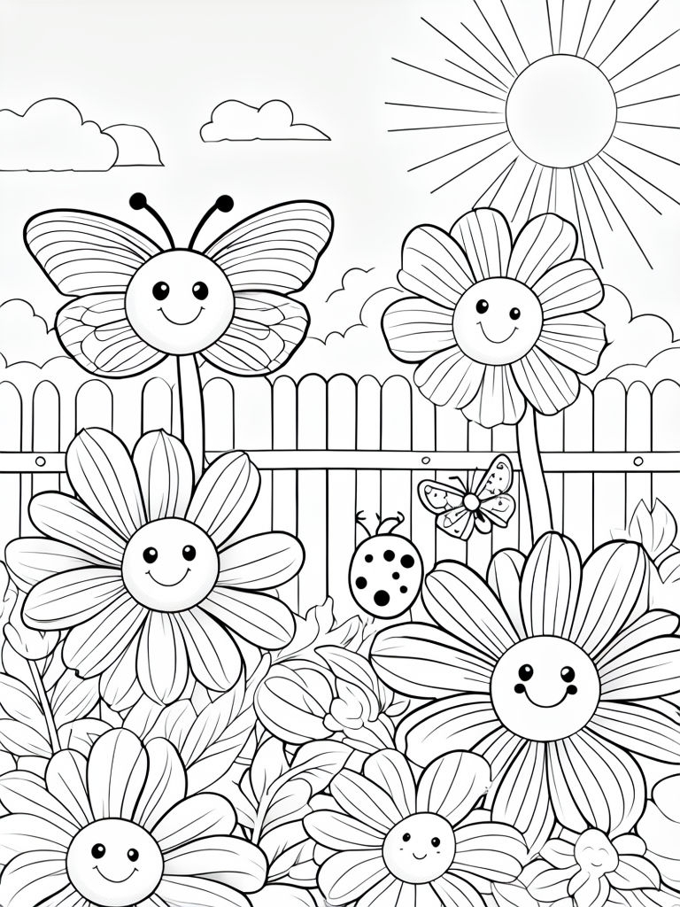 Cheerful Garden Scene with Smiling Flowers Coloring Book Page